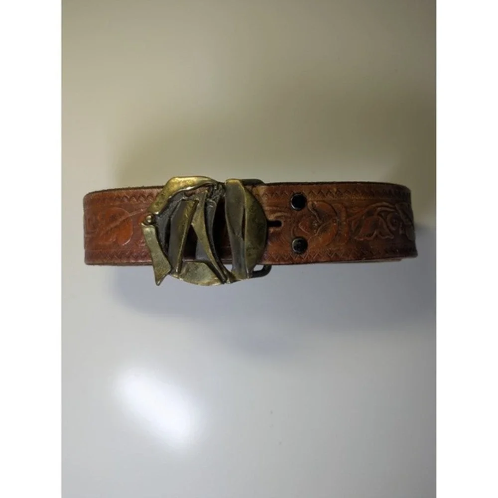 Tooled Leather Belt LMC‎ Vintage Bronze Tone Buckle Brown Floral 38 Inch Unisex